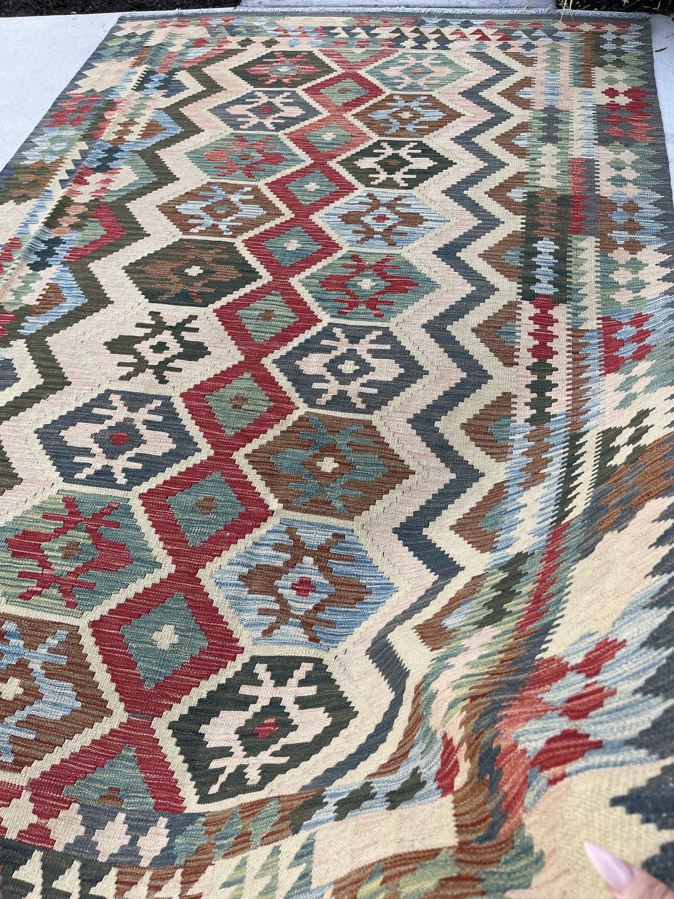 7x10 (215x305) Handmade Afghan Kilim Flatweave Rug | Teal Blue Red Ivory Brown | Boho Tribal Moroccan Outdoor Wool Knotted Woven