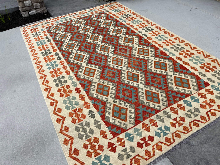 7x10 (215x305) Handmade Afghan Kilim Flatweave Rug | Ivory Orange Green Sage | Boho Tribal Moroccan Outdoor Wool Knotted Woven