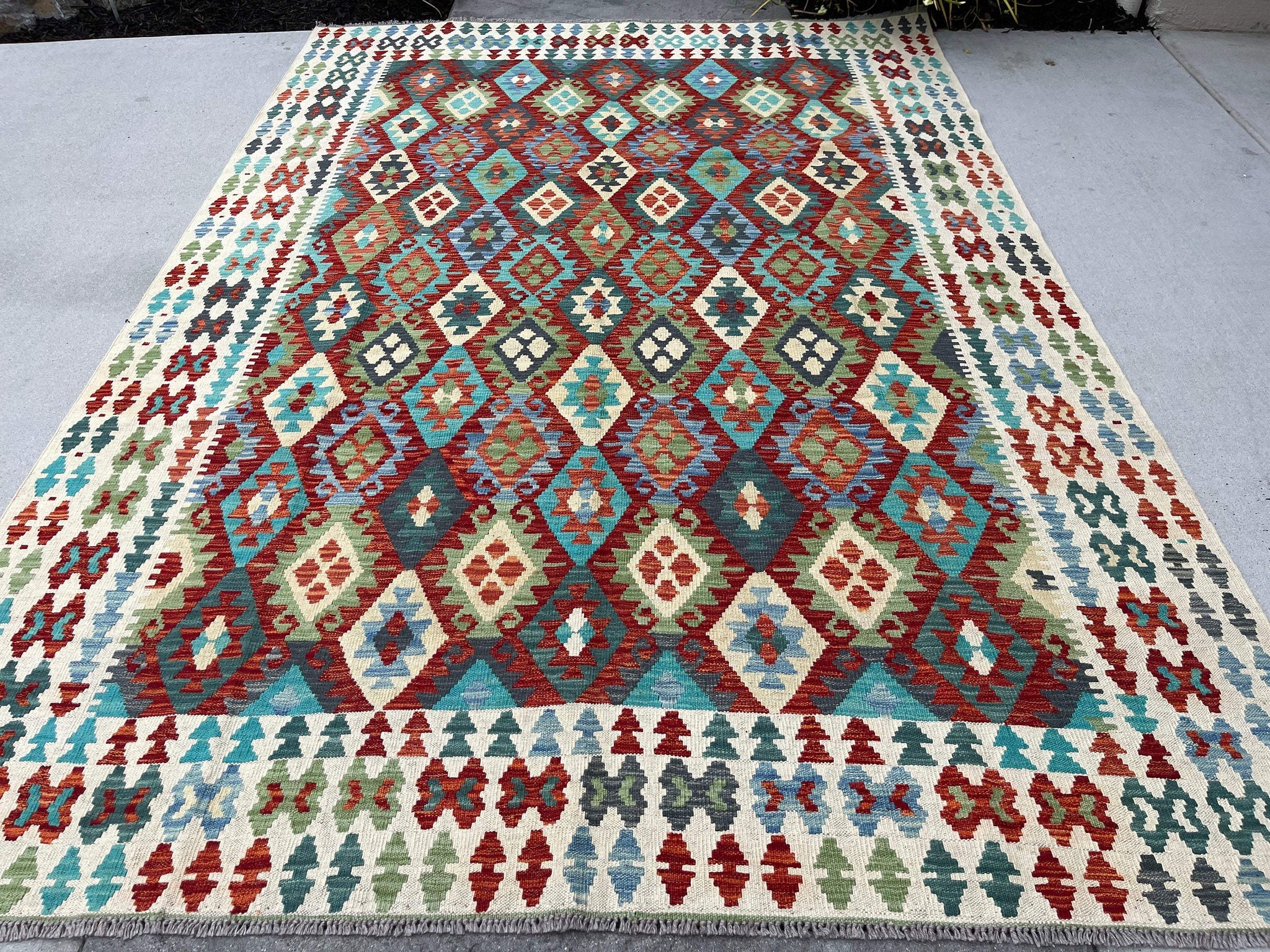 7x10 (215x305) Handmade Afghan Kilim Flatweave Rug | Ivory Green Sage Orange Blue | Boho Tribal Moroccan Outdoor Wool Knotted Woven