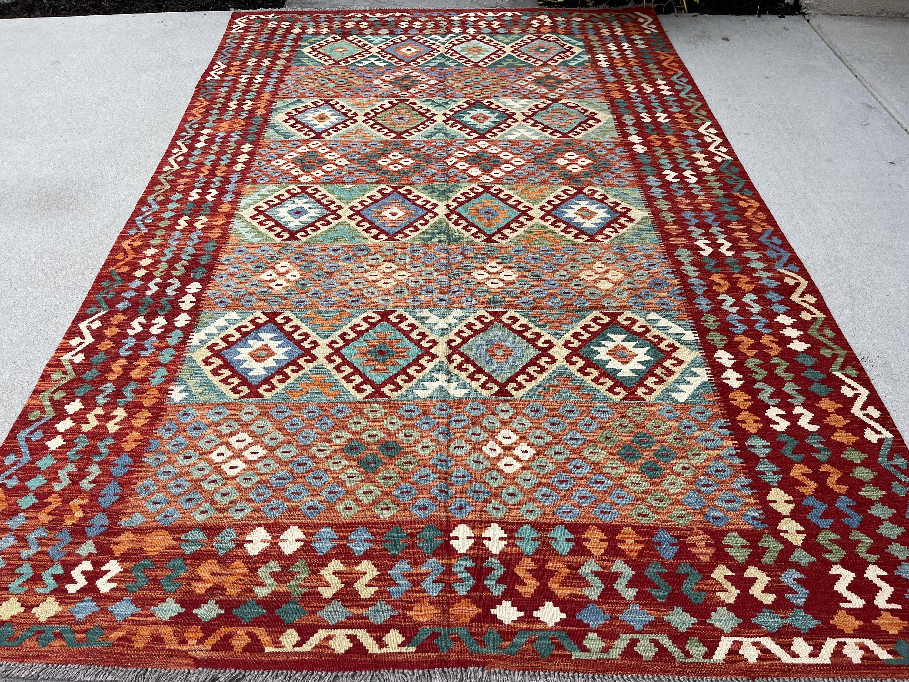 6x10 (180x305) Handmade Afghan Kilim Flatweave Rug | Red Green Sage Orange Blue  | Boho Tribal Moroccan Outdoor Wool Knotted Flatweave