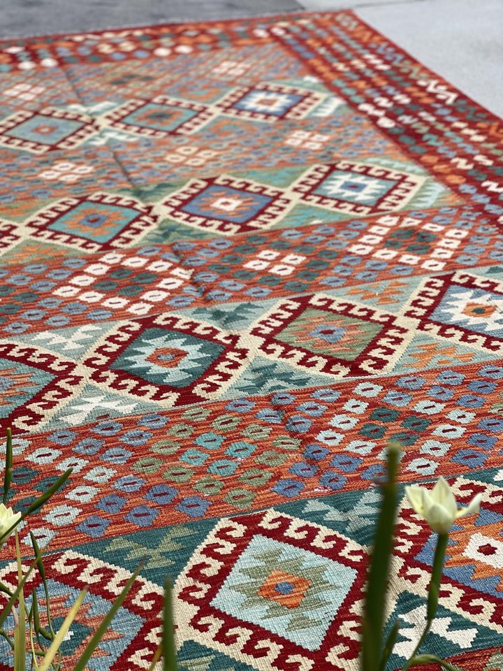 6x10 (180x305) Handmade Afghan Kilim Flatweave Rug | Red Green Sage Orange Blue  | Boho Tribal Moroccan Outdoor Wool Knotted Flatweave