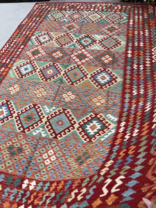6x10 (180x305) Handmade Afghan Kilim Flatweave Rug | Red Green Sage Orange Blue  | Boho Tribal Moroccan Outdoor Wool Knotted Flatweave