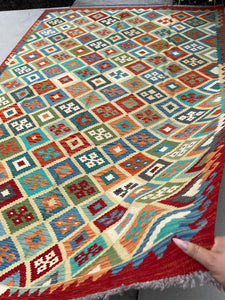 7x10 (215x305) Handmade Afghan Kilim Flatweave Rug | Orange Green Ivory Blue Colorful | Boho Tribal Moroccan Outdoor Wool Knotted Woven