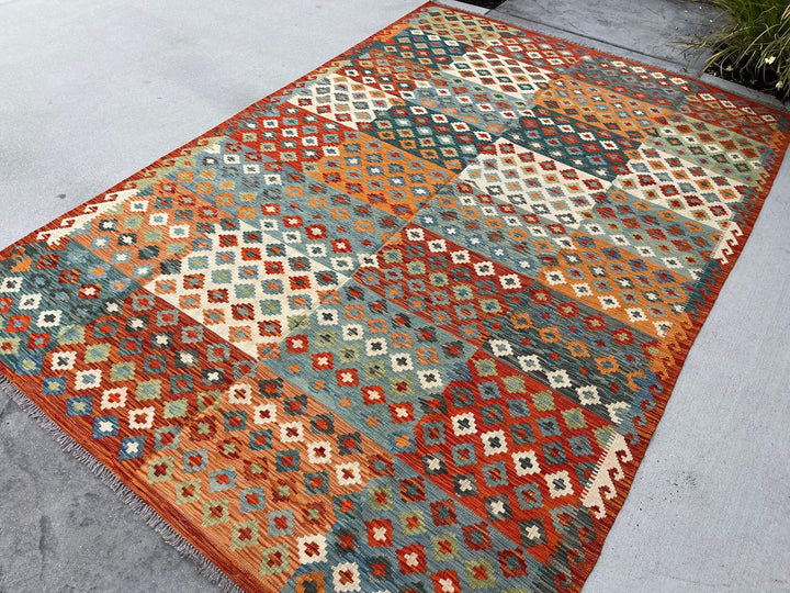 7x10 (215x305) Handmade Afghan Kilim Flatweave Rug | Orange Ivory Green Blue | Boho Tribal Moroccan Outdoor Wool Knotted Woven