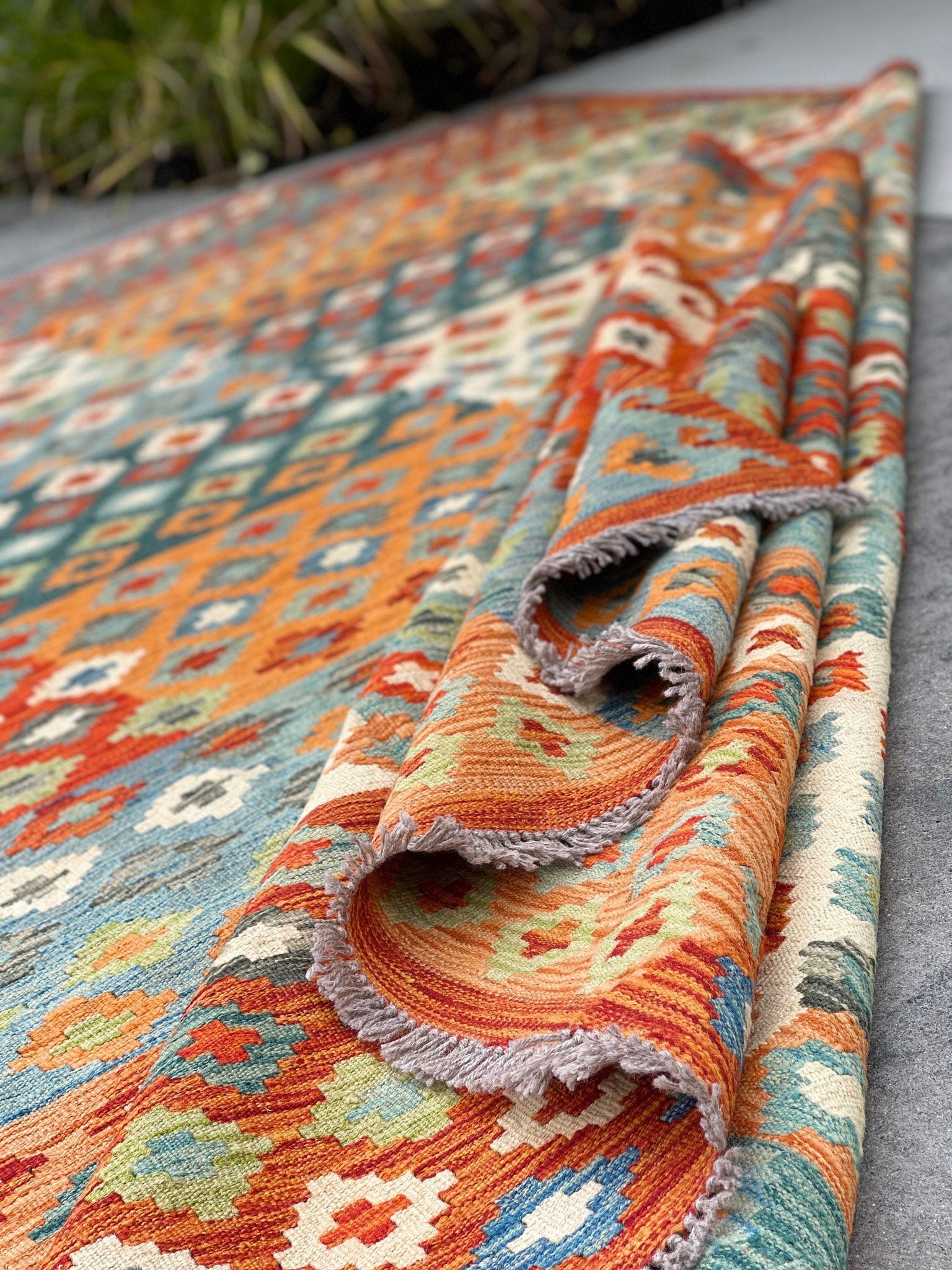 7x10 (215x305) Handmade Afghan Kilim Flatweave Rug | Orange Ivory Green Blue | Boho Tribal Moroccan Outdoor Wool Knotted Woven