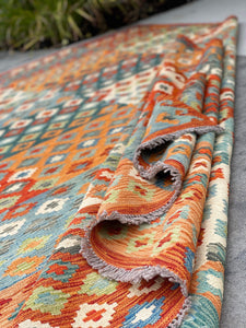7x10 (215x305) Handmade Afghan Kilim Flatweave Rug | Orange Ivory Green Blue | Boho Tribal Moroccan Outdoor Wool Knotted Woven