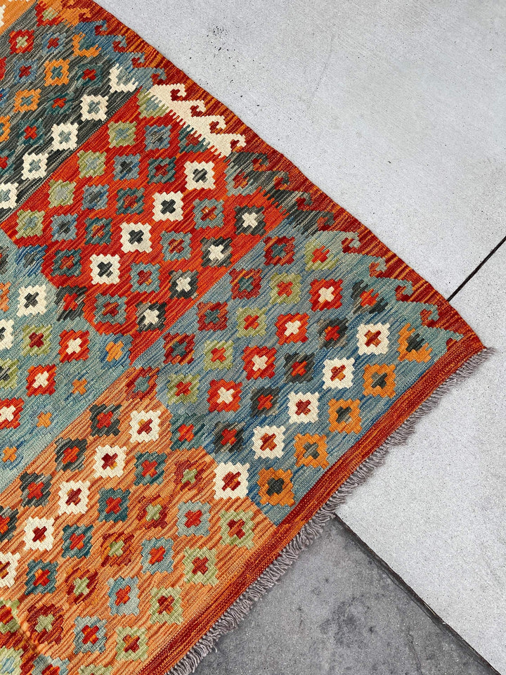 7x10 (215x305) Handmade Afghan Kilim Flatweave Rug | Orange Ivory Green Blue | Boho Tribal Moroccan Outdoor Wool Knotted Woven