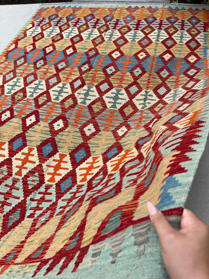 7x10 (215x305) Handmade Afghan Kilim Flatweave Rug | Green Sage Orange Blue Ivory Colorful | Boho Tribal Moroccan Outdoor Wool Knotted Woven