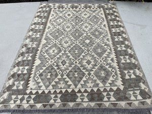 5x7 (150x200) Handmade Kilim Afghan Rug | Light Grey Gray Ivory Brown Neutral | Flatweave Tribal Nomadic Turkish Moroccan Outdoor Wool