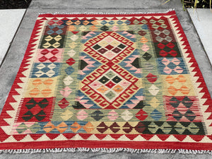3x5 (90x150) Handmade Afghan Kilim Runner Rug | Red Ivory Sage Green Orange pink |Flatweave Flat Weave Tribal Turkish Moroccan Oriental Wool