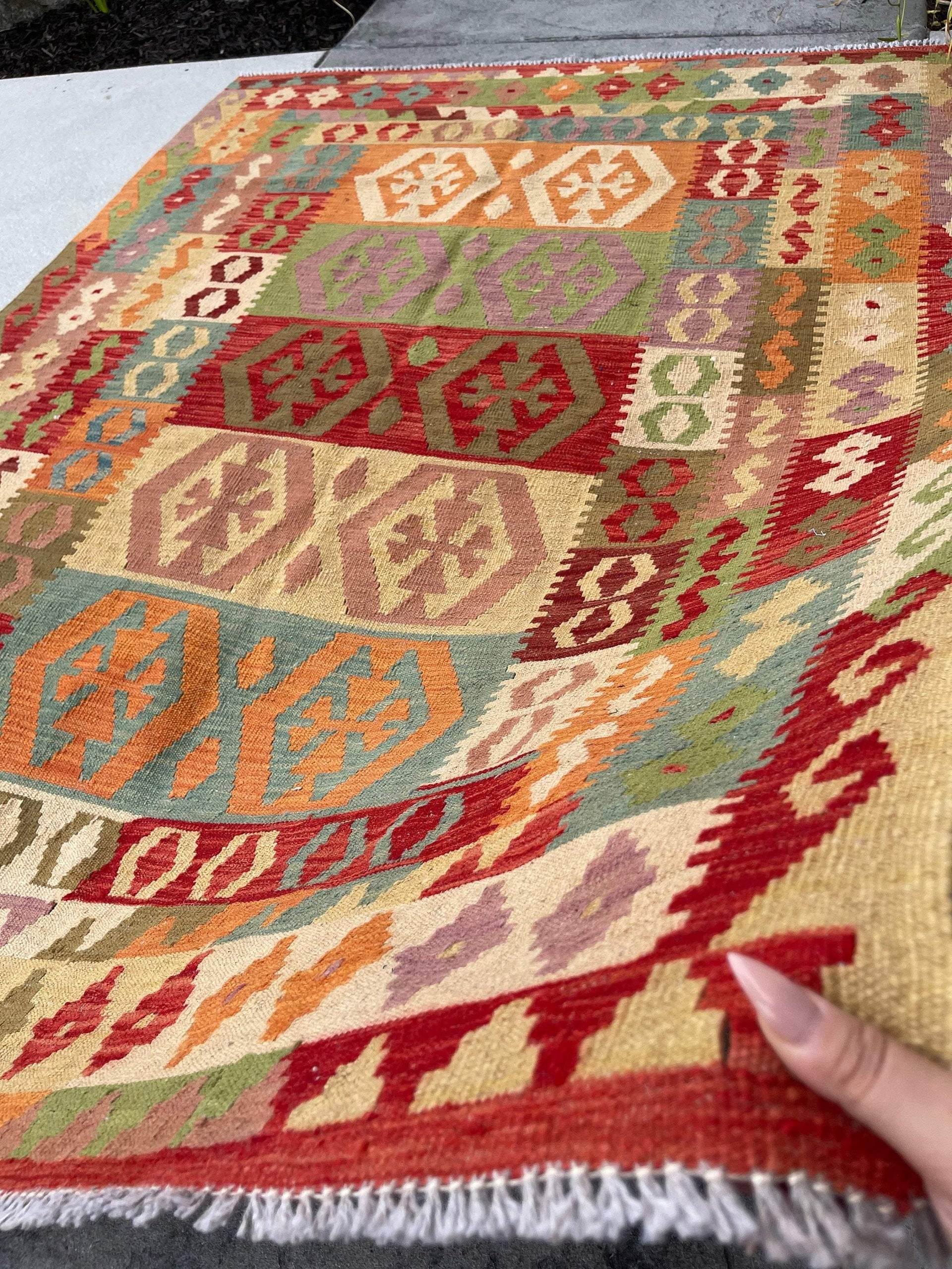 5x7 (150x215) Handmade Afghan Kilim Rug | Burnt Orange Cream Sage Turquoise | Flatweave Boho Tribal Turkish Moroccan Oriental Wool Outdoor