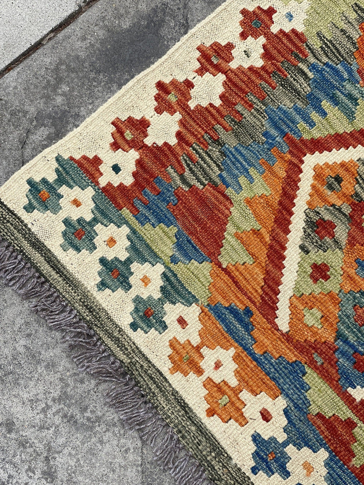 3x16 (90x490) Handmade Kilim Afghan Runner Rug | Burnt Orange Ivory Cream Sage Green Turquoise | Flat Weave Flatweave Tribal Nomadic Turkish