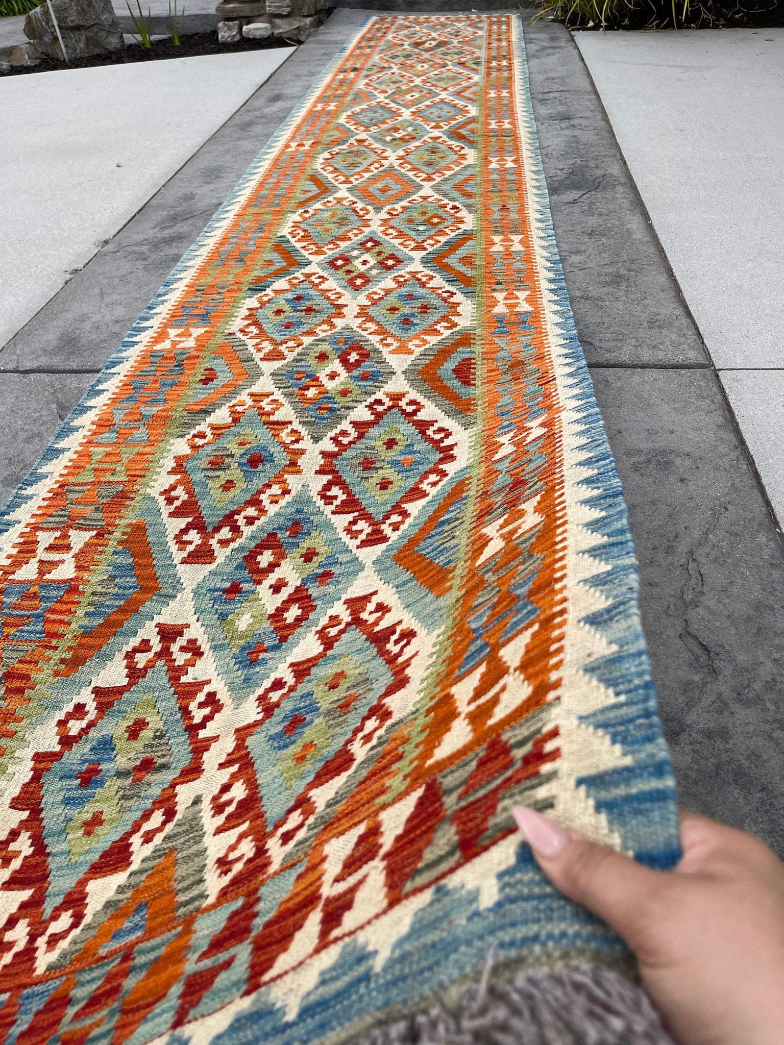 3x16 (90x490) Handmade Kilim Afghan Runner Rug | Turquoise Burnt Orange Ivory Cream Sage | Flat Weave Flatweave Tribal Nomadic Turkish