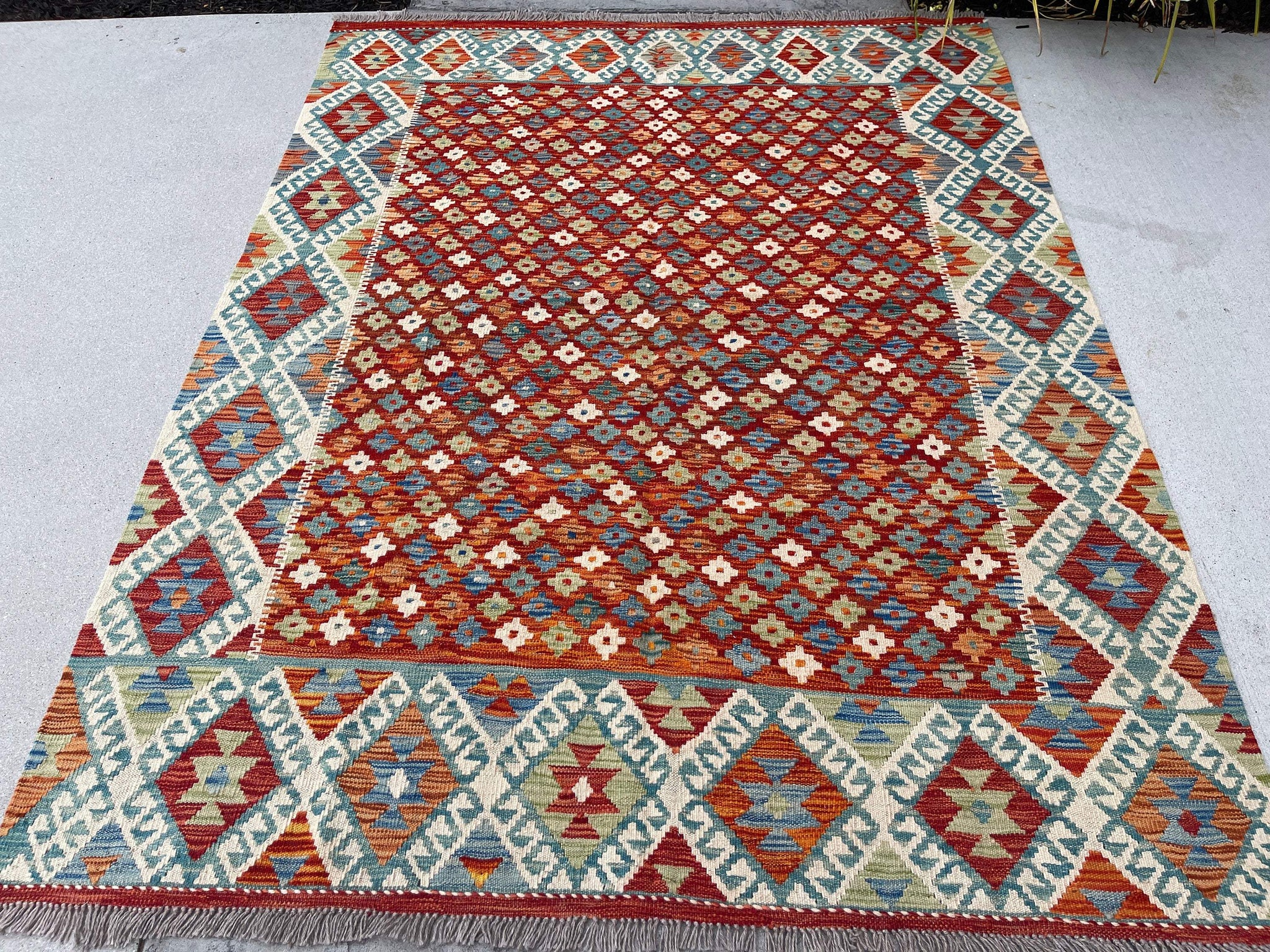 5x7 (150x200) Handmade Kilim Afghan Rug | Teal Burnt Orange Ivory Cream Blue Sage | Flat Weave Flatweave Tribal Nomadic Turkish Moroccan