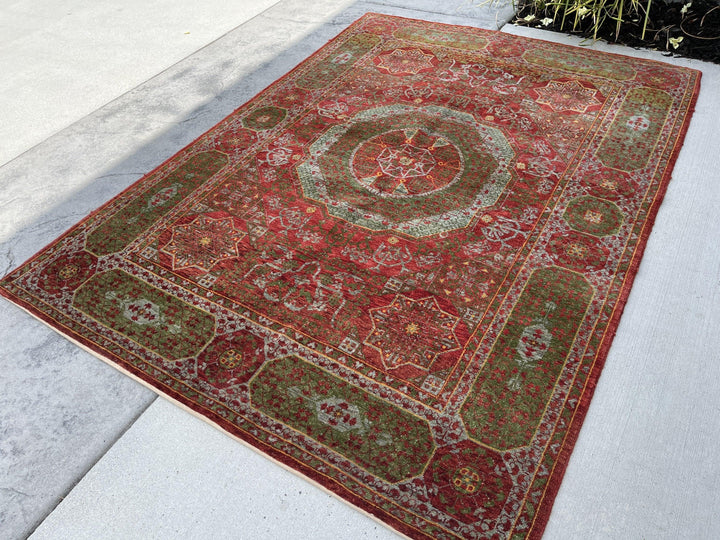 5x7 (150x215) Handmade Vintage Turkish Rug | Red Green Mint | Turkish Oushak Boho Tribal Persian Oriental Bohemian Hand Knotted