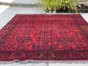 4x7 (125x200) Red Navy Blue Brown Handmade Afghan Rug | Hand Knotted Hand Woven Wool | Vintage Tribal Turkish Moroccan Oriental Persian
