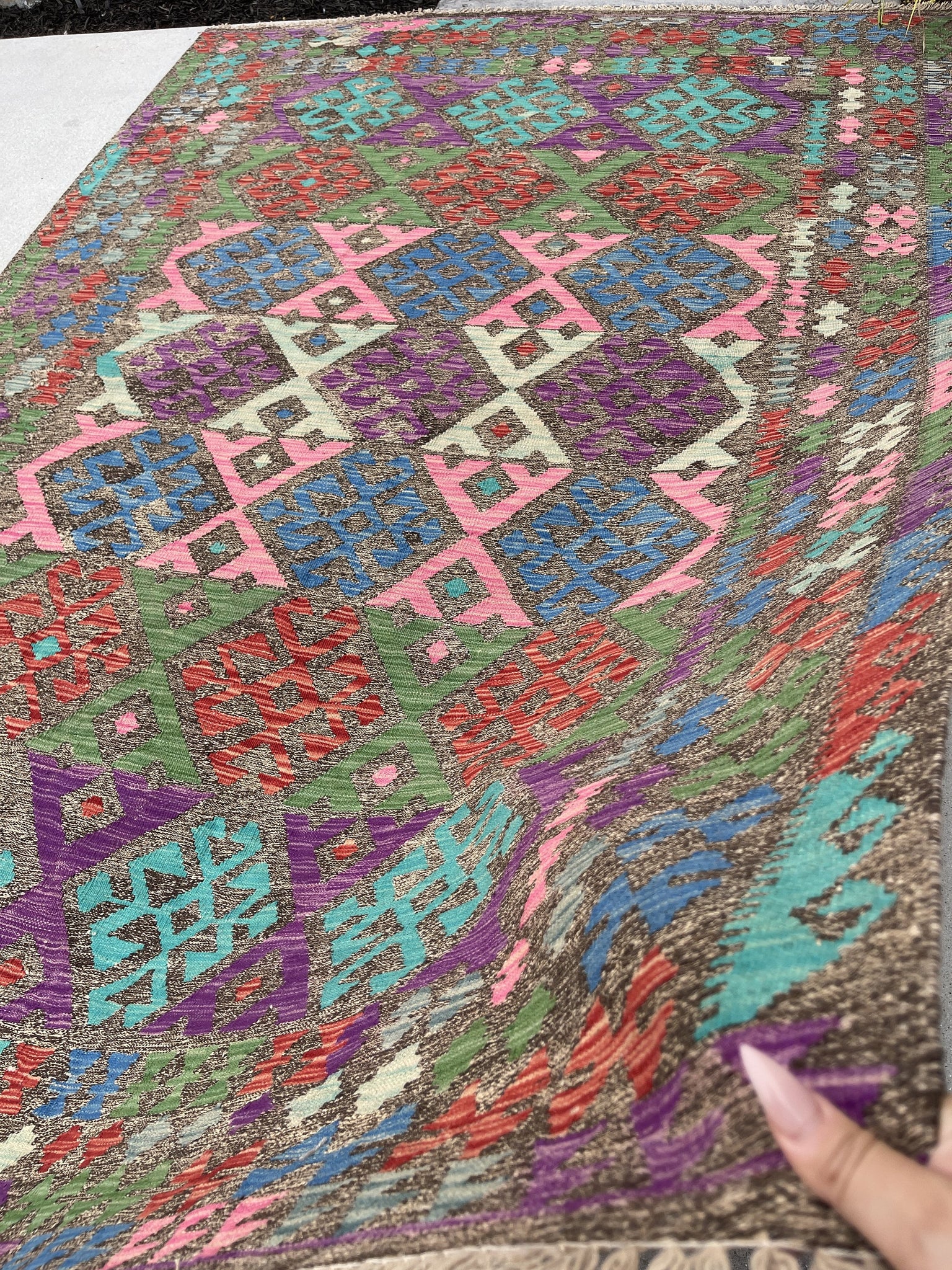 7x10 (215x305) Handmade Afghan Kilim Rug | Green Burnt Orange Turquoise Pink Blue|Flatweave Flat Weave Tribal Turkish Moroccan Oriental Wool