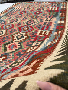 7x10 (215x305) Handmade Afghan Kilim Flatweave Rug | Olive Green Brown Cream Red Sky Blue Salmon Pink | Boho Moroccan Outdoor Wool Turkish