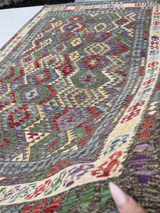 6x9 (180x275) Handmade Afghan Kilim Rug | Fern Green Grey Ivory Red Yellow Purple Blue | Boho Bohemian Tribal Moroccan Turkish Wool Outdoor