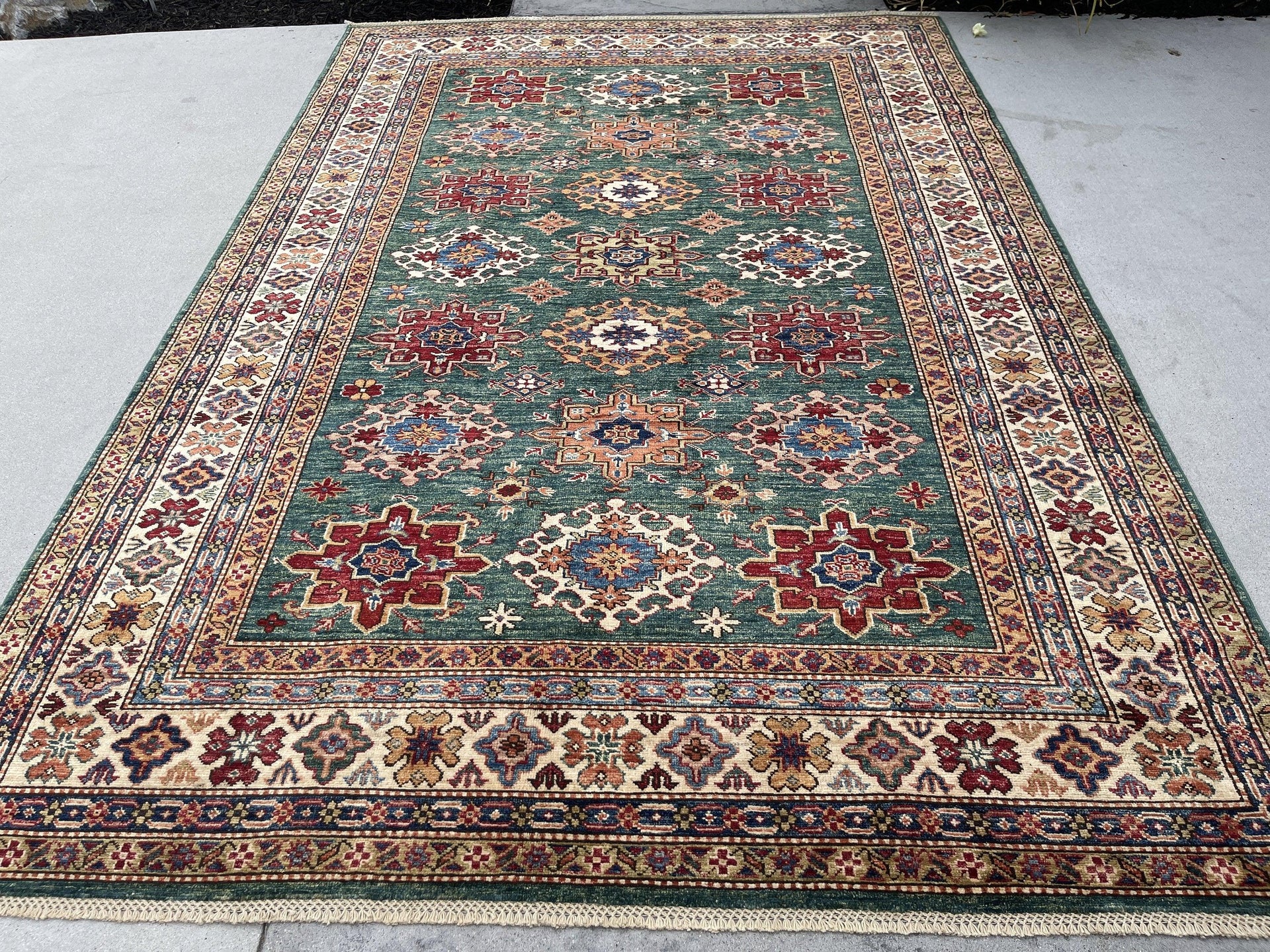 6x9 (180x275) Handmade Afghan Rug | Green Ivory Red Yellow Blue | Turkish Oushak Tribal Boho Kazak Persian Serapi Heriz Wool Bohemian