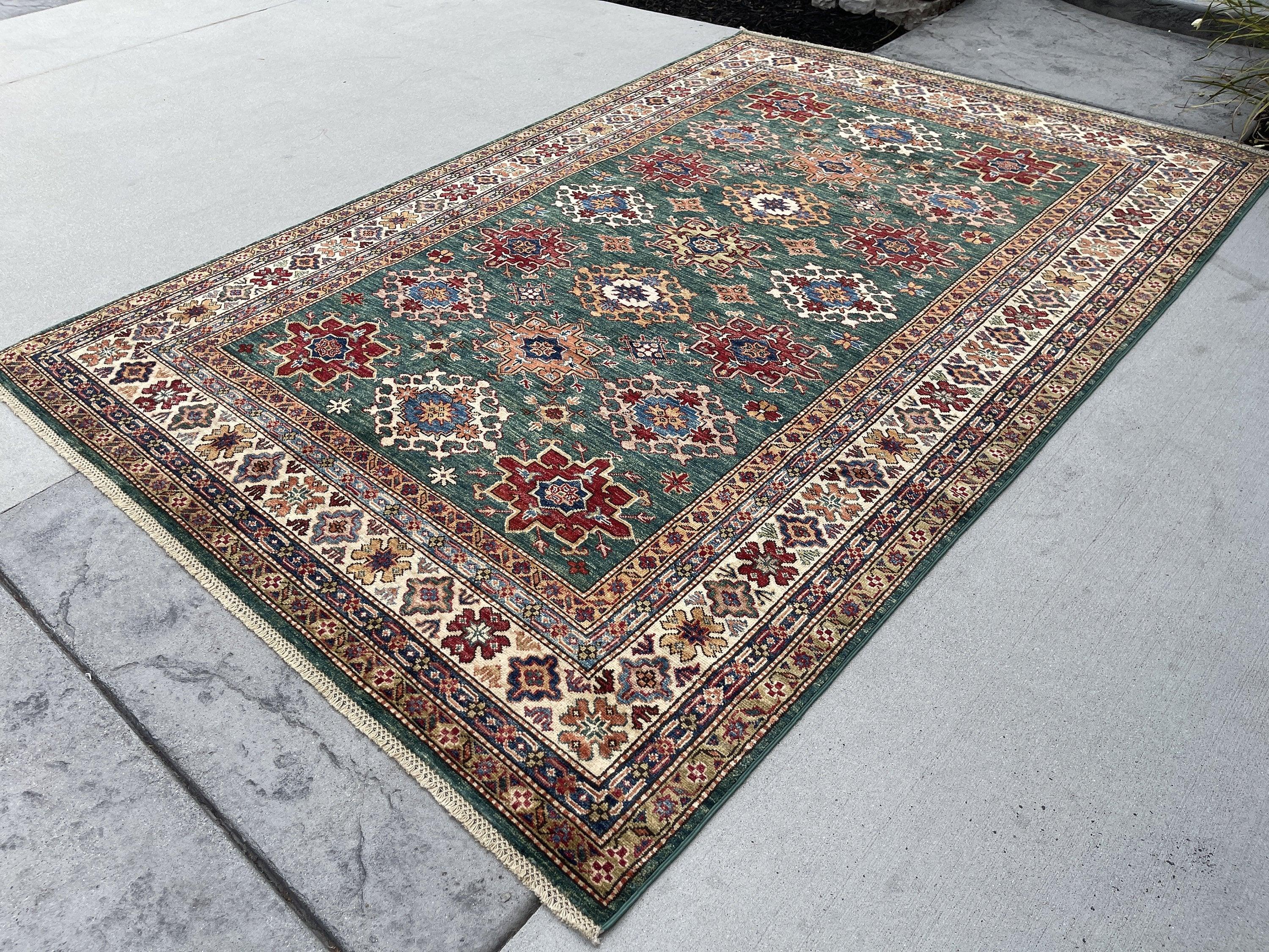 6x9 (180x275) Handmade Afghan Rug | Green Ivory Red Yellow Blue | Turkish Oushak Tribal Boho Kazak Persian Serapi Heriz Wool Bohemian