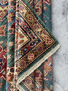 6x9 (180x275) Handmade Afghan Rug | Green Ivory Red Yellow Blue | Turkish Oushak Tribal Boho Kazak Persian Serapi Heriz Wool Bohemian