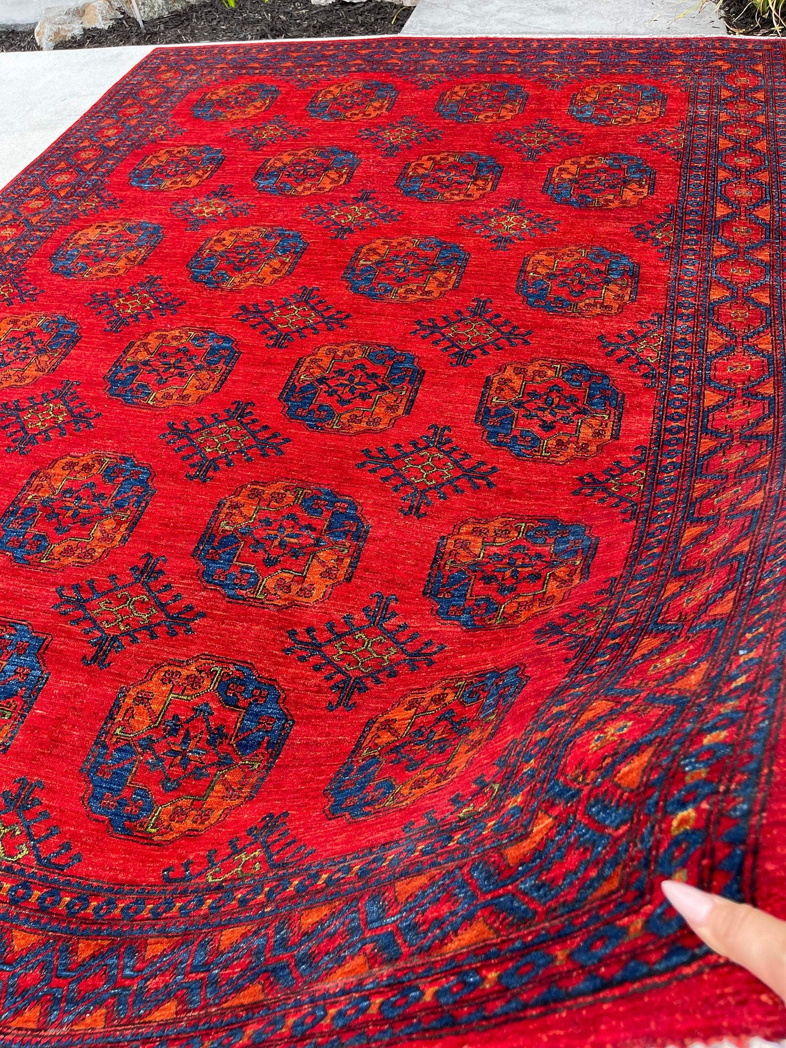 8x11 (240x335) Handmade Afghan Rug | Red Blue Brown | Turkish Oushak Persian Tribal Oriental Boho Wool Turkmen Turkoman Elephant Foot Woven