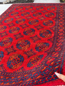 8x11 (240x335) Handmade Afghan Rug | Red Blue Brown | Turkish Oushak Persian Tribal Oriental Boho Wool Turkmen Turkoman Elephant Foot Woven
