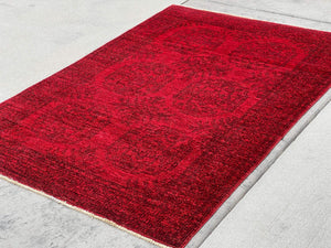 4x6 (120x180) Handmade Afghan Rug | Red Black Velvet | Turkish Oushak Tribal Persian Moroccan Wool Woven Knotted Turkmen Turkoman Boho Afgan