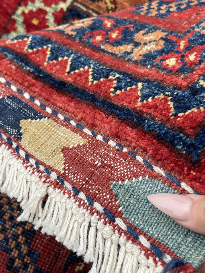 8x12 (240x335) Handmade Afghan Rug | Red Blue Brown Sage Green | Turkish Oushak Persian Tribal Oriental Boho Wool Turkmen Turkoman Knotted