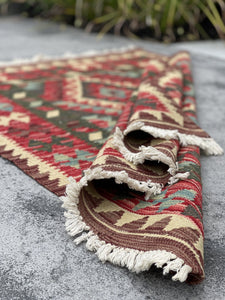 3x4 (100x150) Handmade Kilim Afghan Rug | Green Ivory Turquoise Teal Pink Red | Flat Weave Flatweave Tribal Nomadic Turkish Moroccan Outdoor