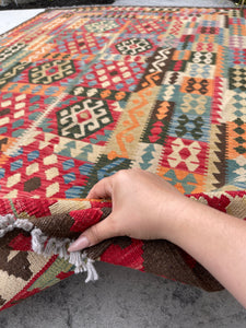 7x10 (215x305) Handmade Afghan Kilim Flatweave Rug | Mocha Green Red Cream Blue Orange | Boho Tribal Moroccan Outdoor Wool Turkish