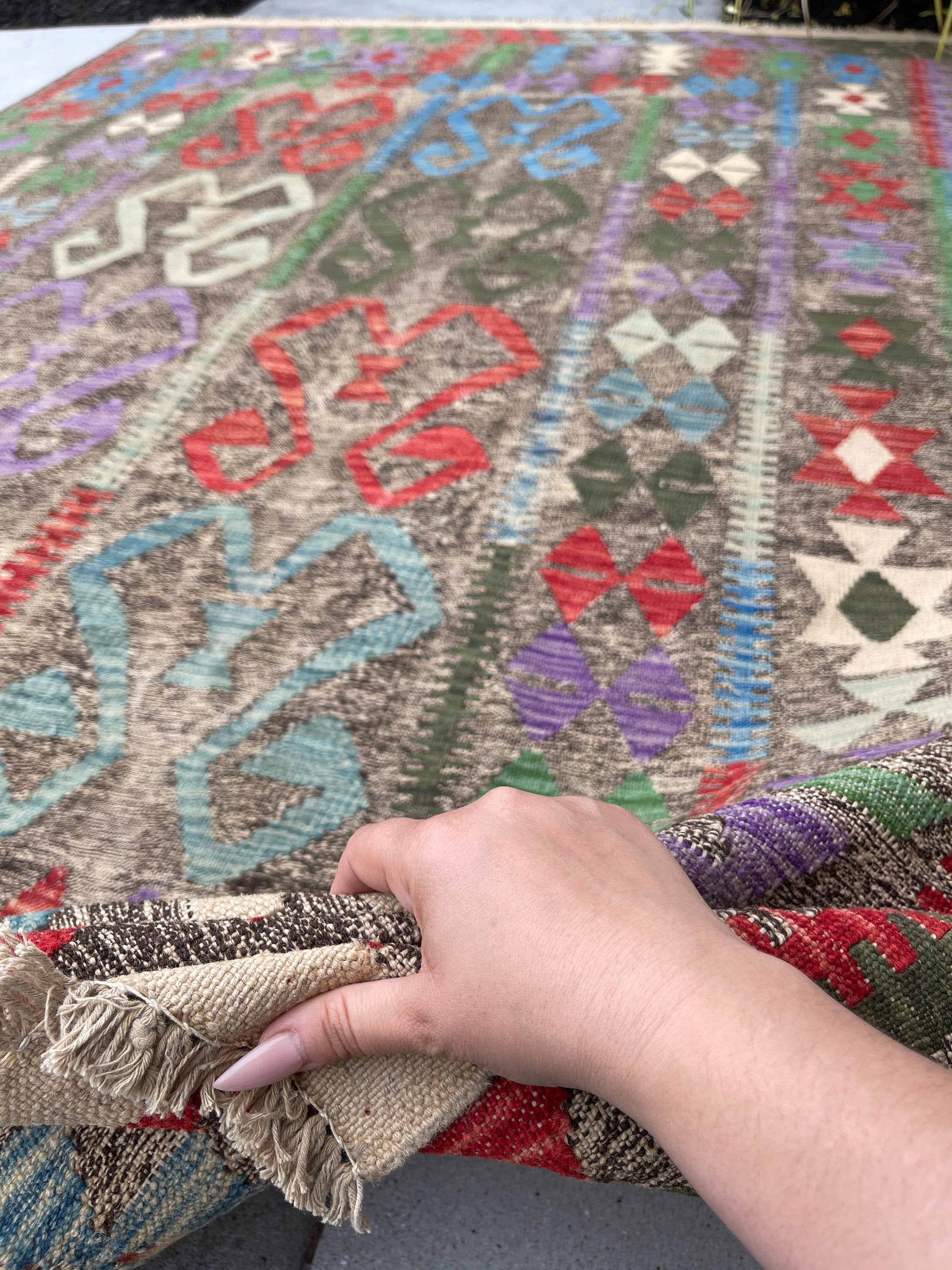 6x9 (180x275) Handmade Afghan Kilim Rug | Olive Green Burnt Orange Purple Blue | Boho Bohemian Tribal Moroccan Turkish Wool Outdoor