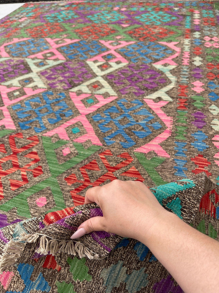 7x10 (215x305) Handmade Afghan Kilim Rug | Green Burnt Orange Turquoise Pink Blue|Flatweave Flat Weave Tribal Turkish Moroccan Oriental Wool