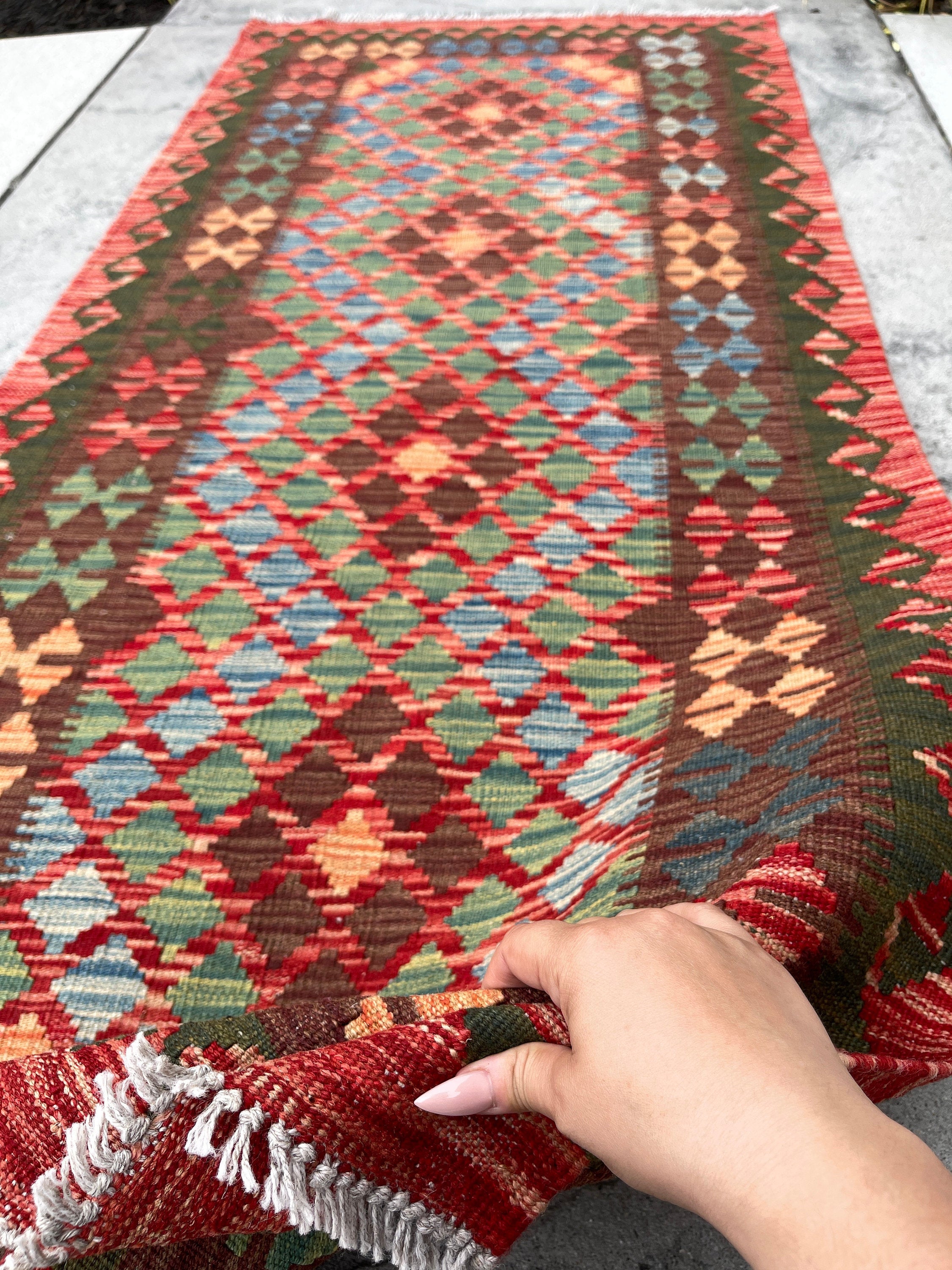 3x7 (100x200) Handmade Afghan Kilim Flatweave Rug | Red Orange Brown Teal Ivory Orange Green | Boho Bohemian Outdoor Tribal Turkish Moroccan