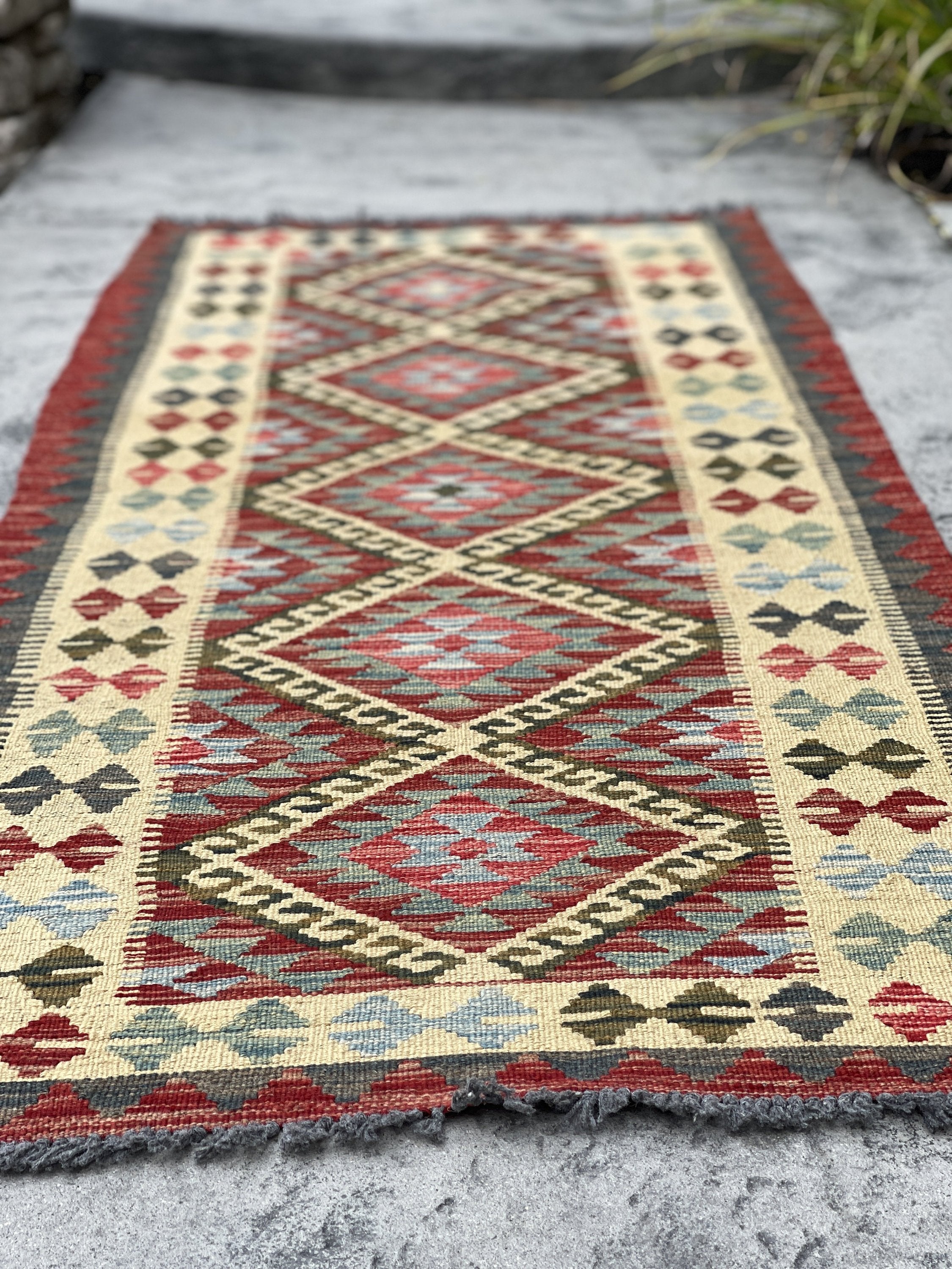 3x7 (100x200) Afghan Kilim Flatweave Rug | Red Orange Brown Teal Ivory Orange Green | Boho Bohemian Outdoor Tribal Turkish Moroccan Nomadic