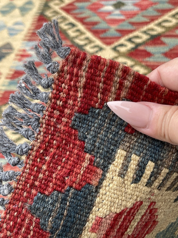 3x7 (100x200) Afghan Kilim Flatweave Rug | Red Orange Brown Teal Ivory Orange Green | Boho Bohemian Outdoor Tribal Turkish Moroccan Nomadic