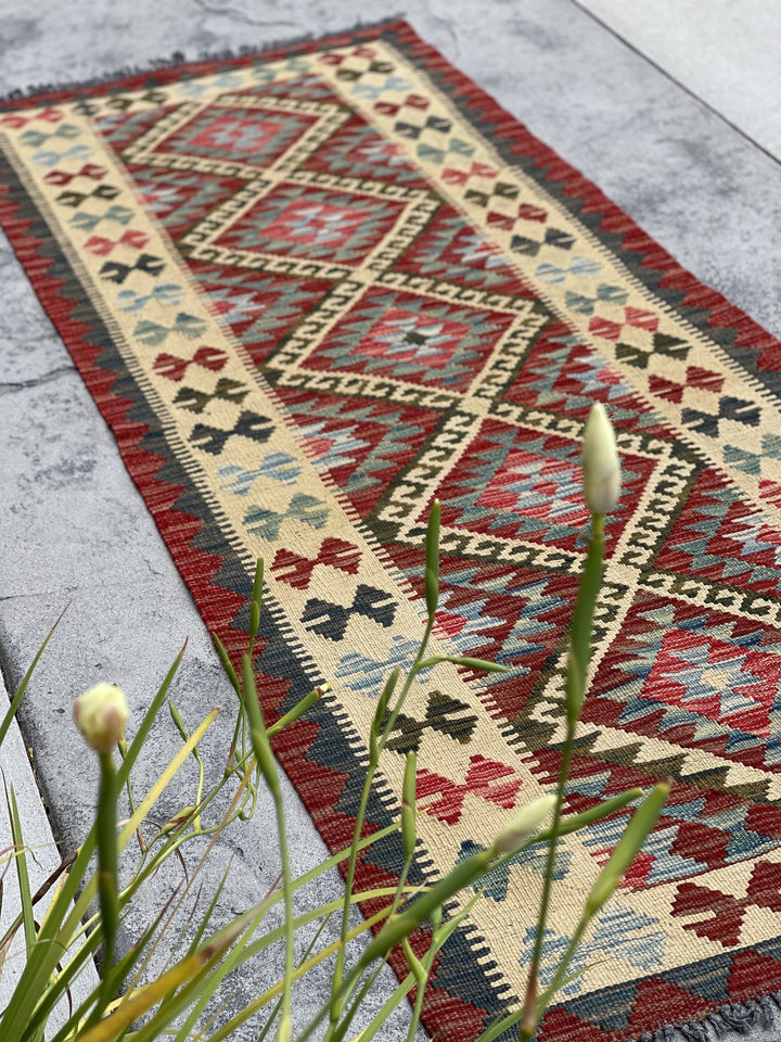 3x7 (100x200) Afghan Kilim Flatweave Rug | Red Orange Brown Teal Ivory Orange Green | Boho Bohemian Outdoor Tribal Turkish Moroccan Nomadic