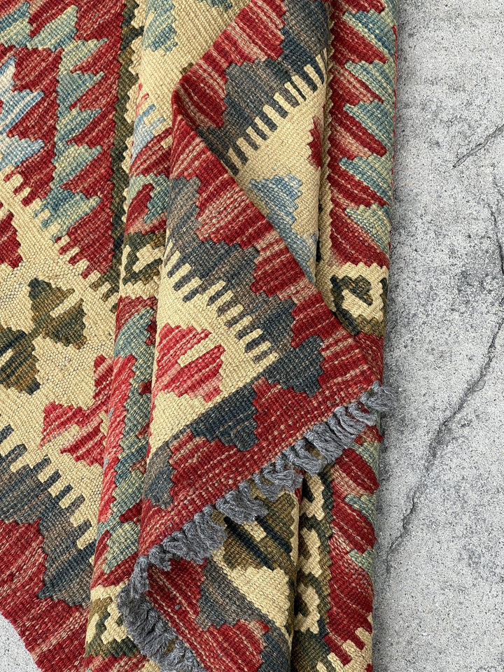 3x7 (100x200) Afghan Kilim Flatweave Rug | Red Orange Brown Teal Ivory Orange Green | Boho Bohemian Outdoor Tribal Turkish Moroccan Nomadic