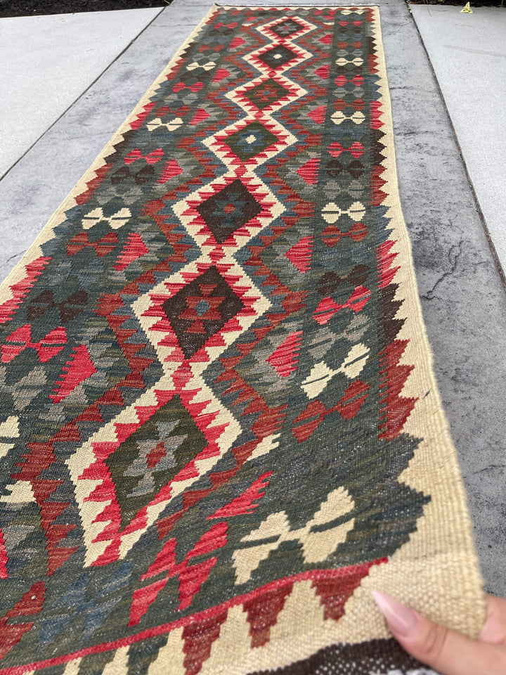 3x10 (90x305) Handmade Afghan Kilim Rug Runner | Salmon Pink Blue Red Forest Green Beige Redwood | Flatweave Flat Weave Tribal Oriental Boho