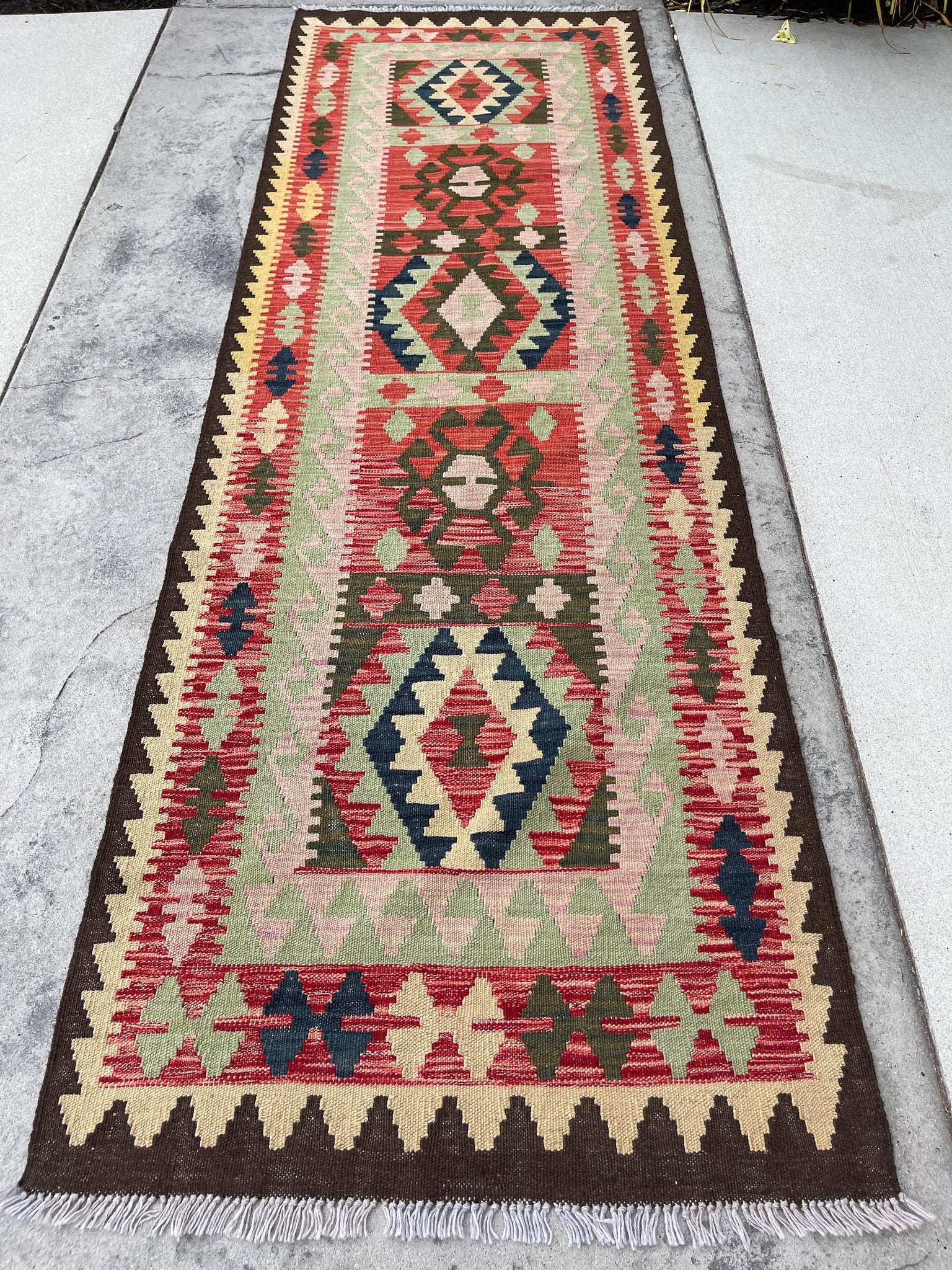 3x8 (100x245) Handmade Afghan Kilim Flatweave Rug | Salmon Pink Brick Red Brown Teal Ivory Sage Green Blue | Boho Outdoor Tribal Turkish