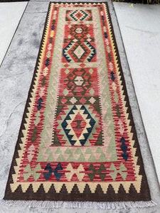3x8 (100x245) Handmade Afghan Kilim Flatweave Rug | Salmon Pink Brick Red Brown Teal Ivory Sage Green Blue | Boho Outdoor Tribal Turkish
