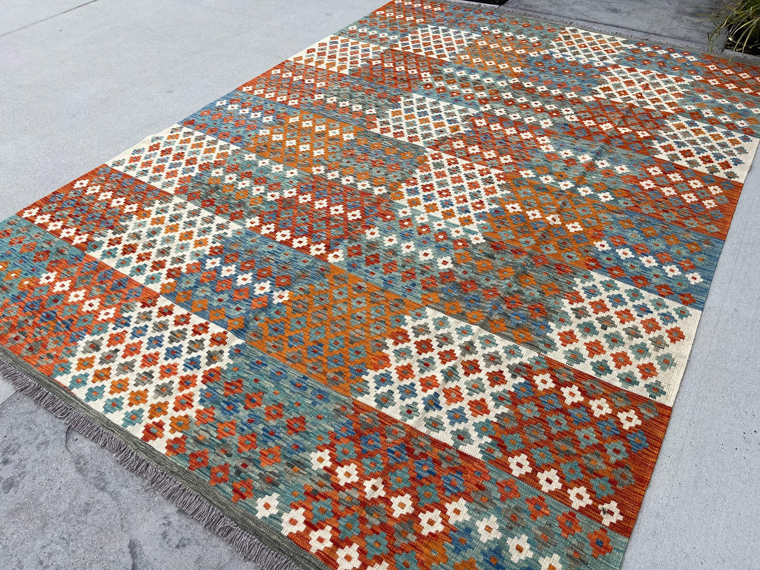 7x10 (215x305) Handmade Afghan Kilim Flatweave Rug | Orange Ivory Green Blue | Boho Tribal Moroccan Outdoor Wool Knotted Woven