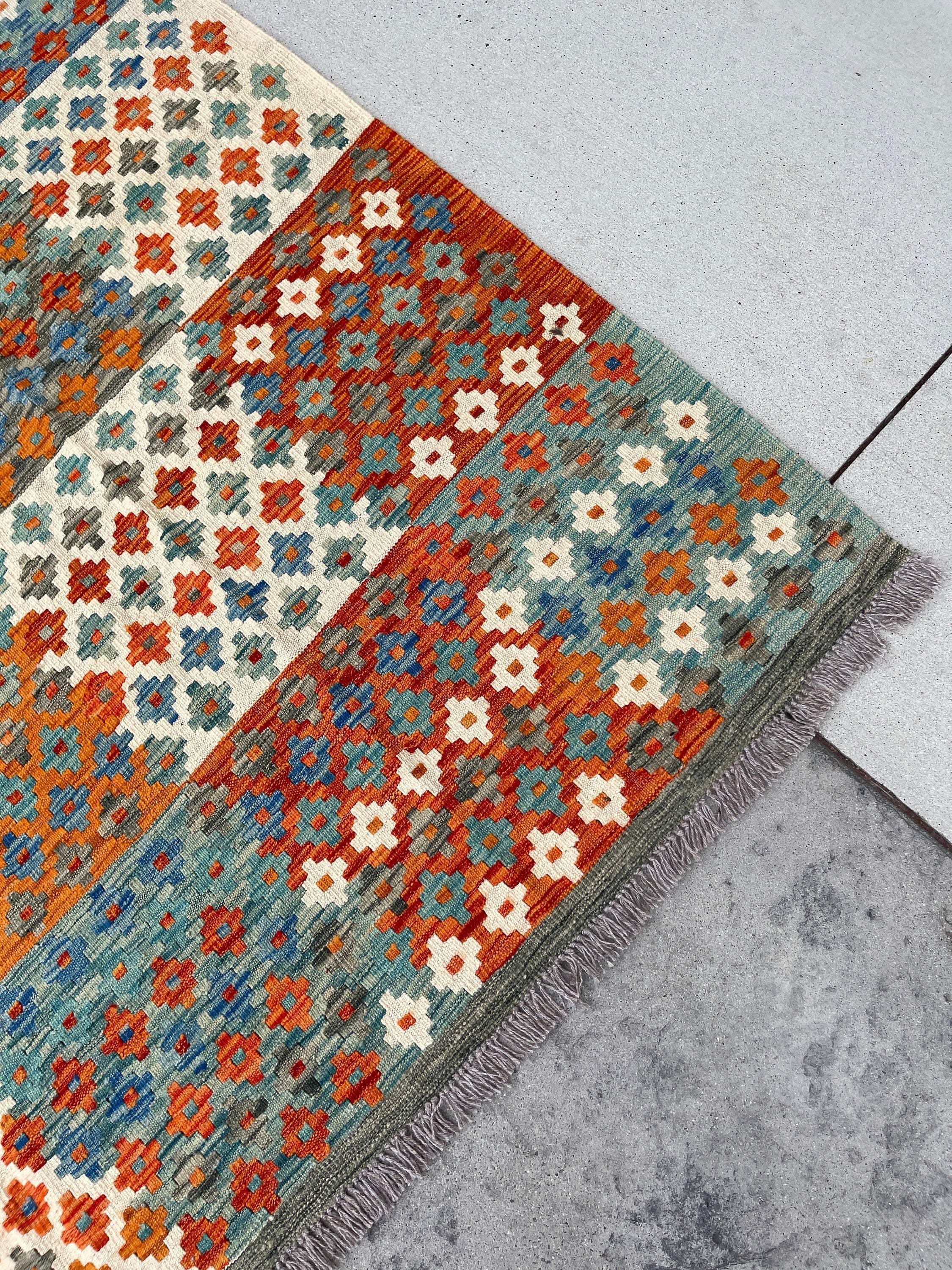 7x10 (215x305) Handmade Afghan Kilim Flatweave Rug | Orange Ivory Green Blue | Boho Tribal Moroccan Outdoor Wool Knotted Woven