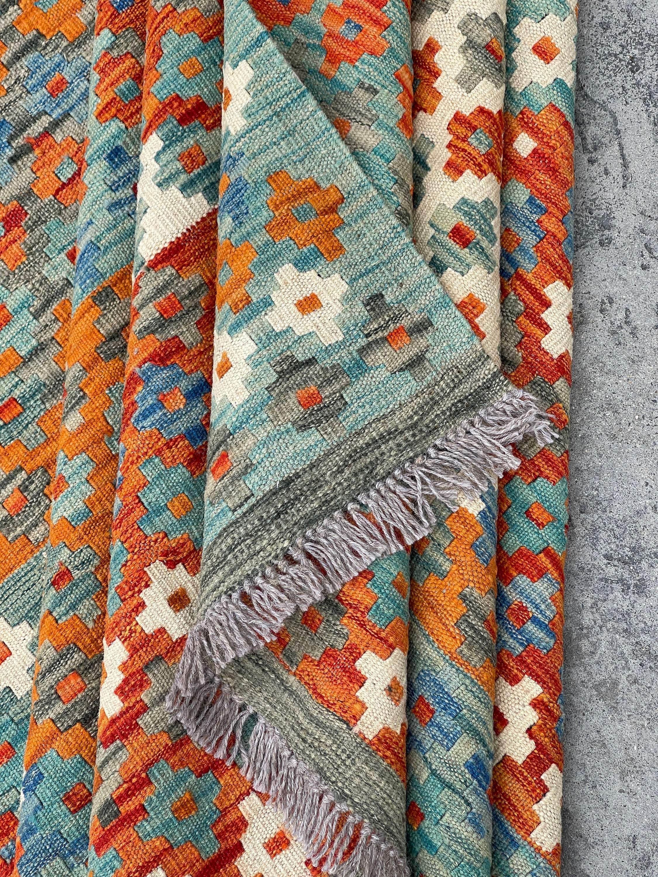 7x10 (215x305) Handmade Afghan Kilim Flatweave Rug | Orange Ivory Green Blue | Boho Tribal Moroccan Outdoor Wool Knotted Woven