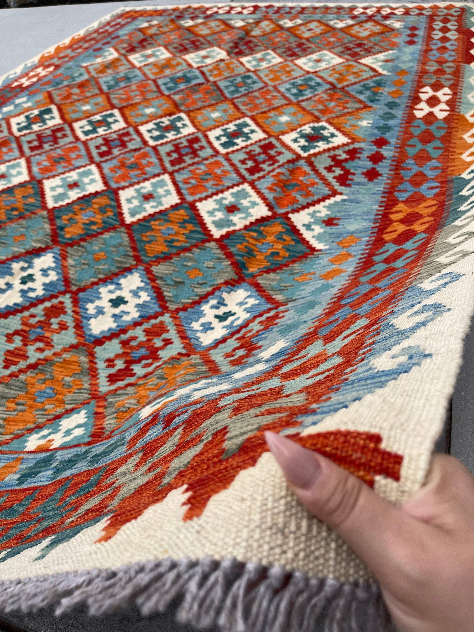 7x10 (215x305) Handmade Afghan Kilim Flatweave Rug | Ivory Orange Blue Sage | Boho Tribal Moroccan Outdoor Wool Knotted Woven
