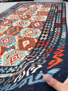 6x10 (180x305) Handmade Afghan Kilim Flatweave Rug | Midnight Blue Ivory Orange Green Sage | Boho Tribal Moroccan Outdoor Wool Knotted Woven
