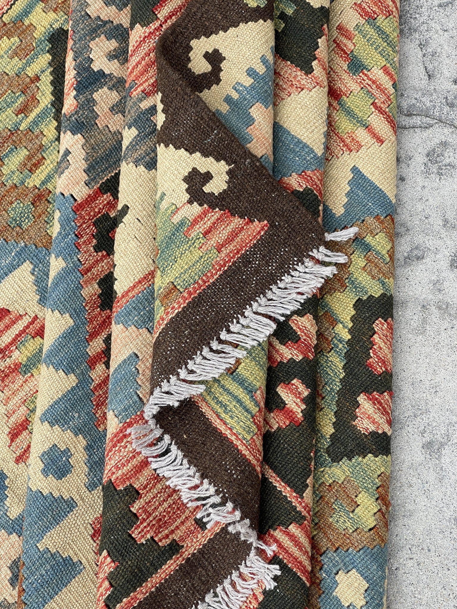 7x10 (215x305) Handmade Afghan Kilim Flatweave Rug | Ivory Cream Green Brown Red Sky Blue | Boho Moroccan Outdoor Wool Turkish