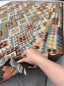 7x10 (215x305) Handmade Afghan Kilim Flatweave Rug | Ivory Cream Green Brown Red Sky Blue | Boho Moroccan Outdoor Wool Turkish
