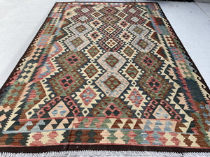 7x10 (215x305) Handmade Afghan Kilim Flatweave Rug | Ivory Cream Green Brown Red Sky Blue Pink Salmon | Boho Moroccan Outdoor Wool Turkish